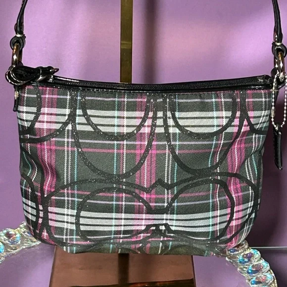 Coach Tartan Black and Pink Plaid Crossbody Approx. 8.5” x 6” - Picture 3 of 9